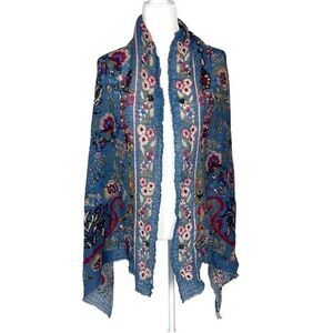 Wrap Scarf Womens One Size Blue Red Wool Blend Floral Print Crinkled Stretch